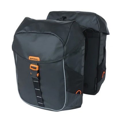 Sakwa miejska podwójna BASIL MILES TARPAULIN DOUBLE PANNIER BAG 34L, Universal Bridge System, 100% wodoodporna black orange (NEW