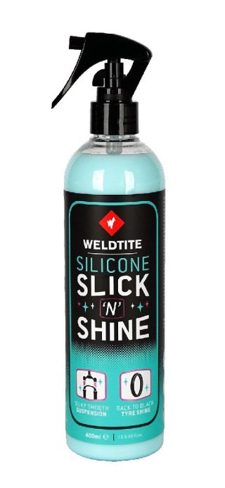 Nabłyszczacz ochronny WELDTITE SILICONE SLICK 'N' SHINE 400 ml, Do opon, goleni amortyzatorów i amortyzowanych sztyc (NEW 2025)