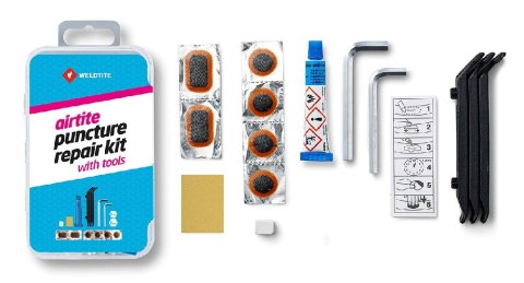 Zestaw łatek do dętek WELDTITE Airtite Puncture Repair Kit with Tools (6x Łatka + Klej + Papier ścierny + Kreda + Kredka + 3x Ły
