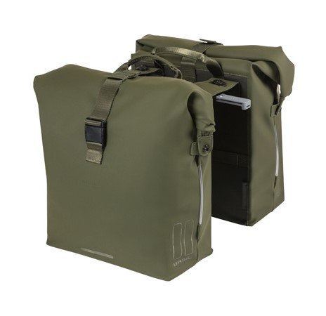 Sakwa podwójna BASIL SOHO DOUBLE PANNIER BAG NORDLICHT MIK, MIK System (ready to go) 41L, 100% wodoodporna moss green oświetleni
