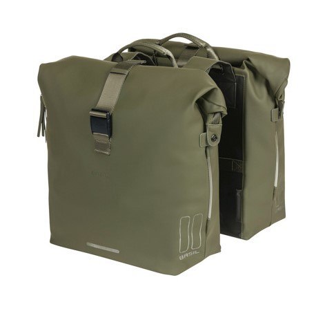 Sakwa podwówjna BASIL SOHO DOUBLE PANNIER BAG NORDLICHT Universal Bridge System 41L, 100% wodoodporna moss green oświetlenie Nor