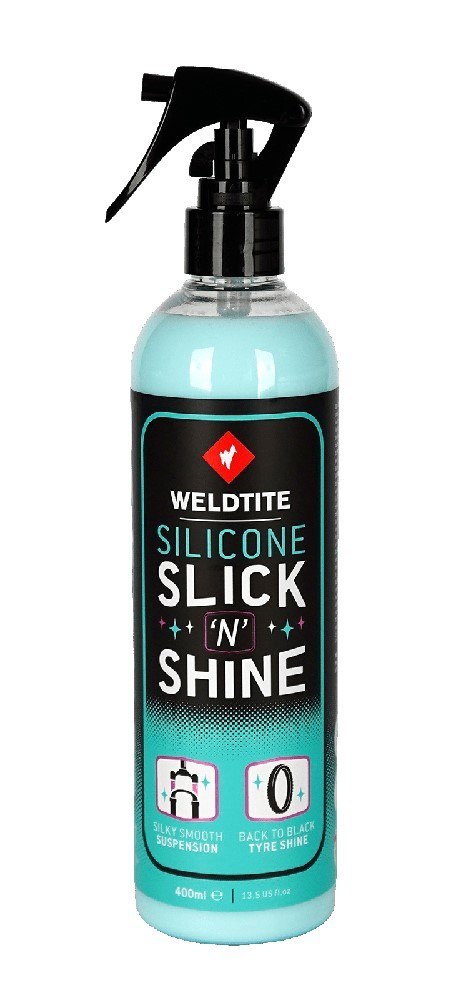 Nabłyszczacz ochronny WELDTITE SILICONE SLICK 'N' SHINE 400 ml, Do opon, goleni amortyzatorów i amortyzowanych sztyc (NEW 2025) Nabłyszczacz ochronny WELDTITE SILICONE SLICK 'N' SHINE 400 ml, Do opon, goleni amortyzatorów i amortyzowanych sztyc (NEW 2025)